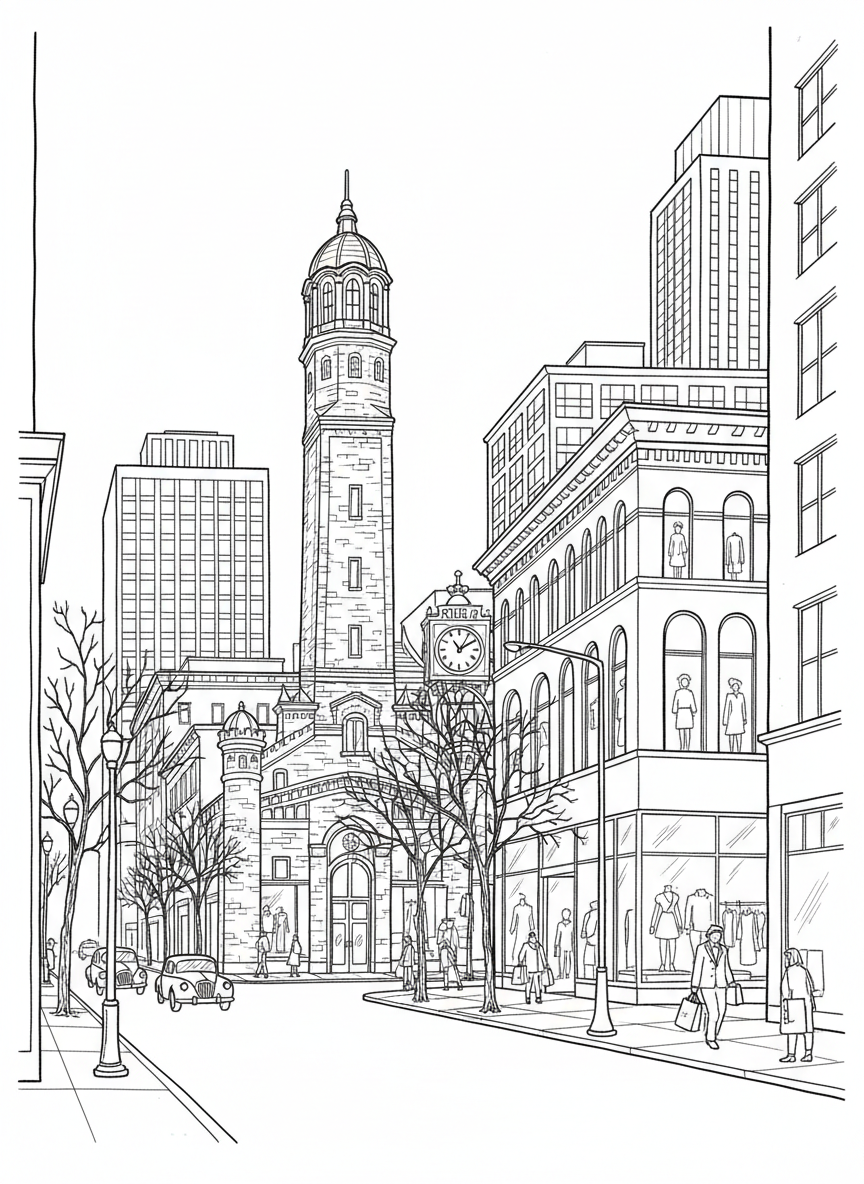 Michigan Avenue shopping scene with storefronts and the Water Tower, simple street view with buildings and trees