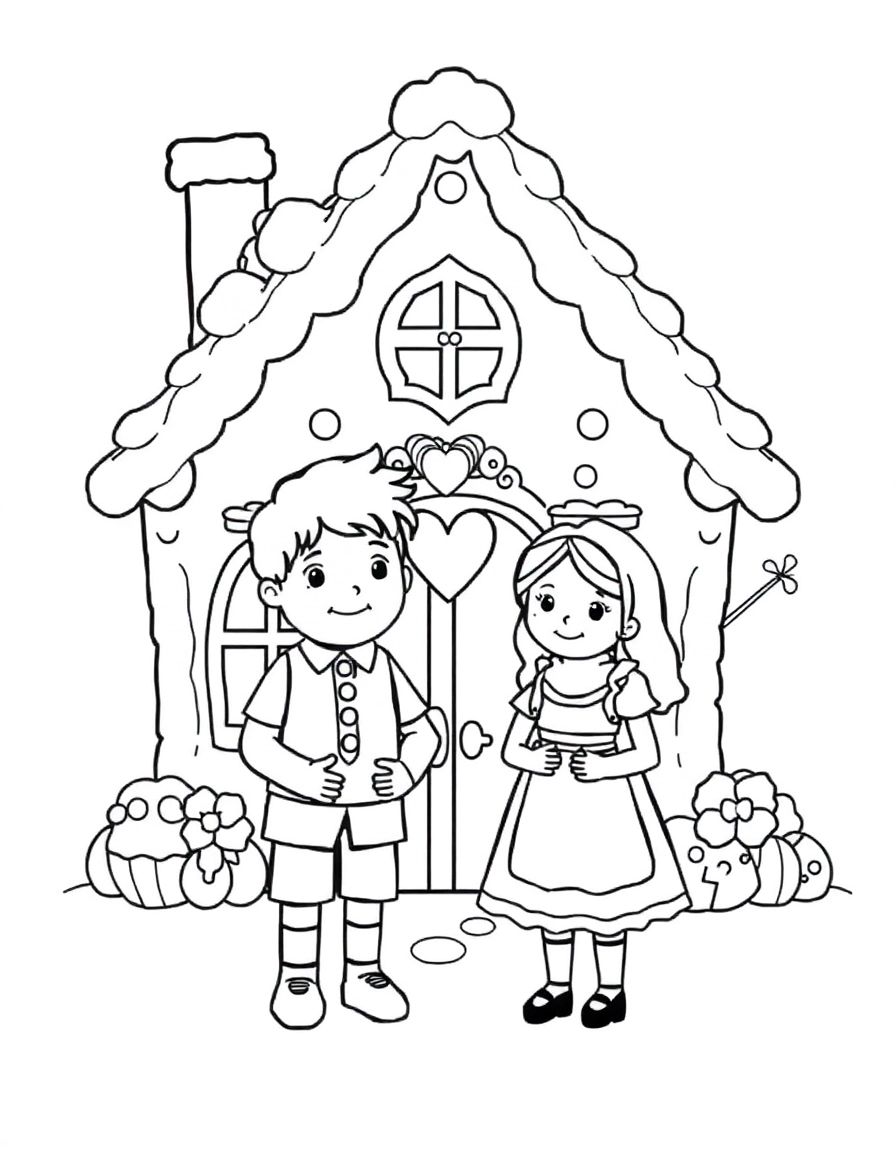 Hansel and Gretel standing in front of a whimsical gingerbread house adorned with candy and frosting details.