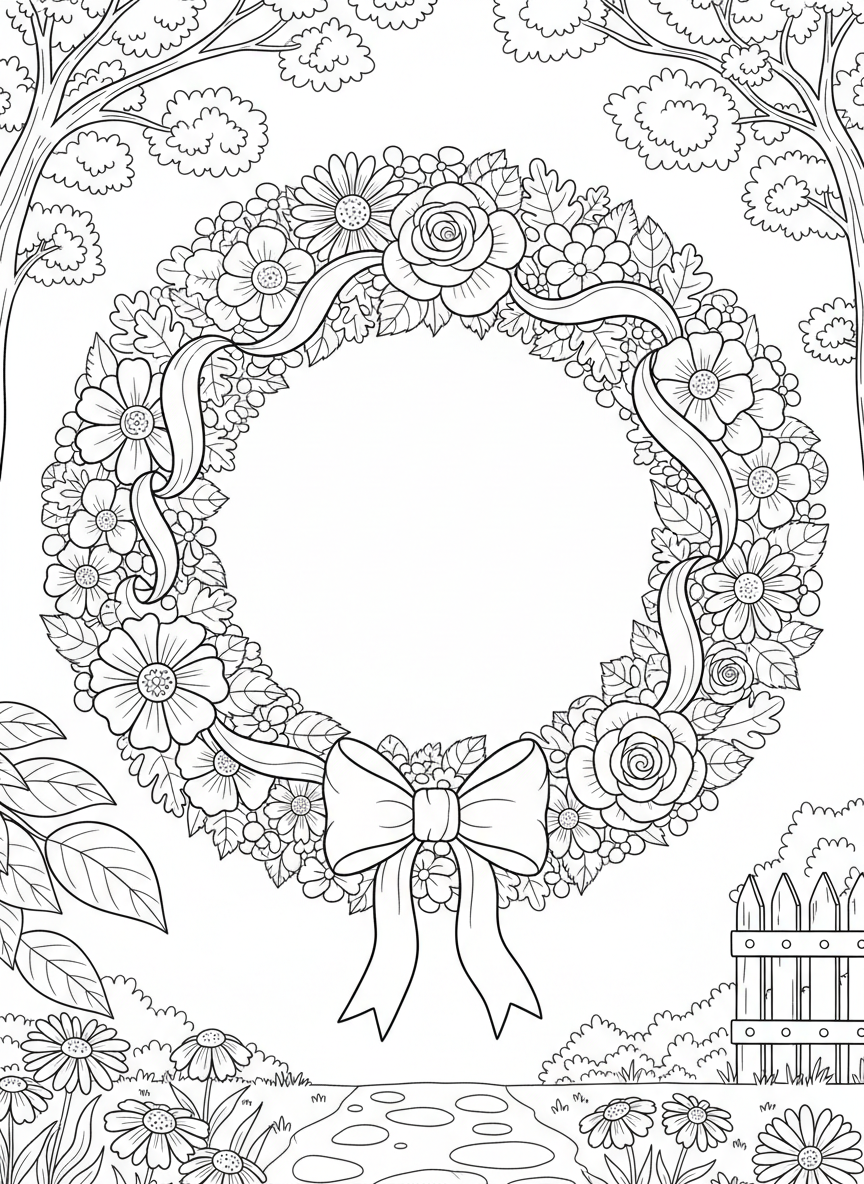 A decorative wreath made of flowers, leaves, and ribbons with a bow at the bottom, circular frame design perfect for coloring