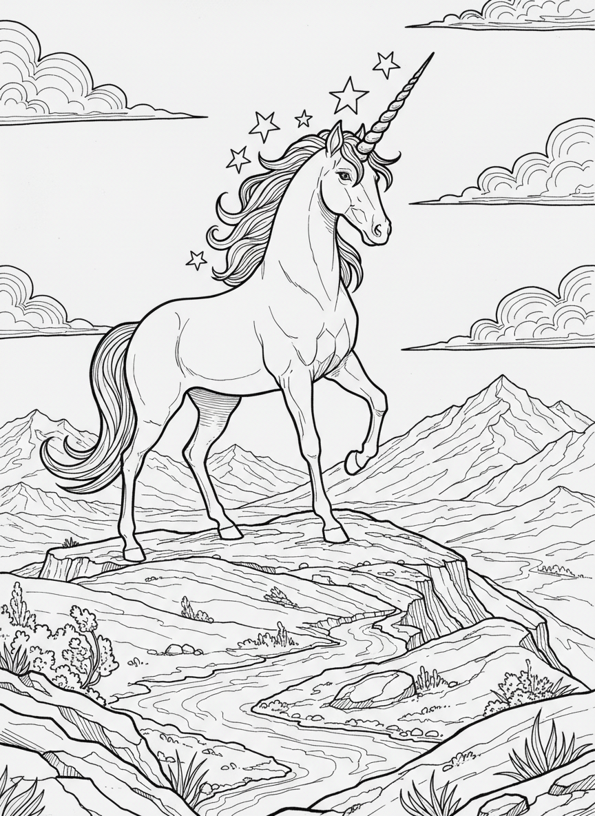 A unicorn with a spiral horn decorated with stars, standing on a hilltop overlooking a valley, majestic landscape