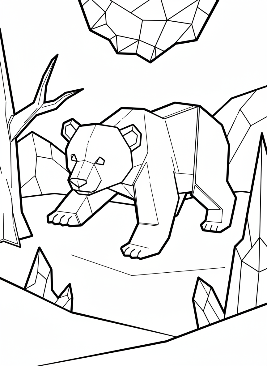 An origami polar bear cub in a playful stance, made entirely of angular white paper folds with a simple geometric face