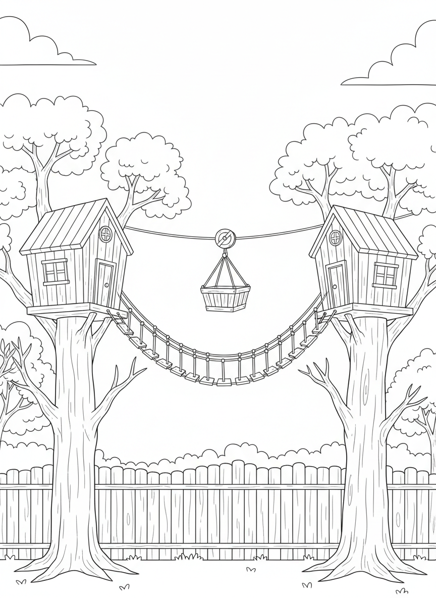 Two treehouses connected by both a rope bridge and a zip line, with a pulley basket system between them, backyard fence visible below