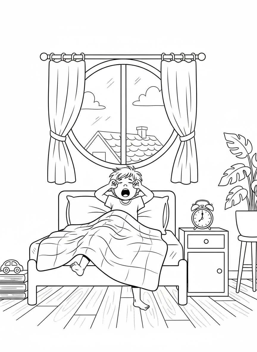 A child yawning and rubbing eyes while getting out of bed, alarm clock on bedside table, morning wake-up moment