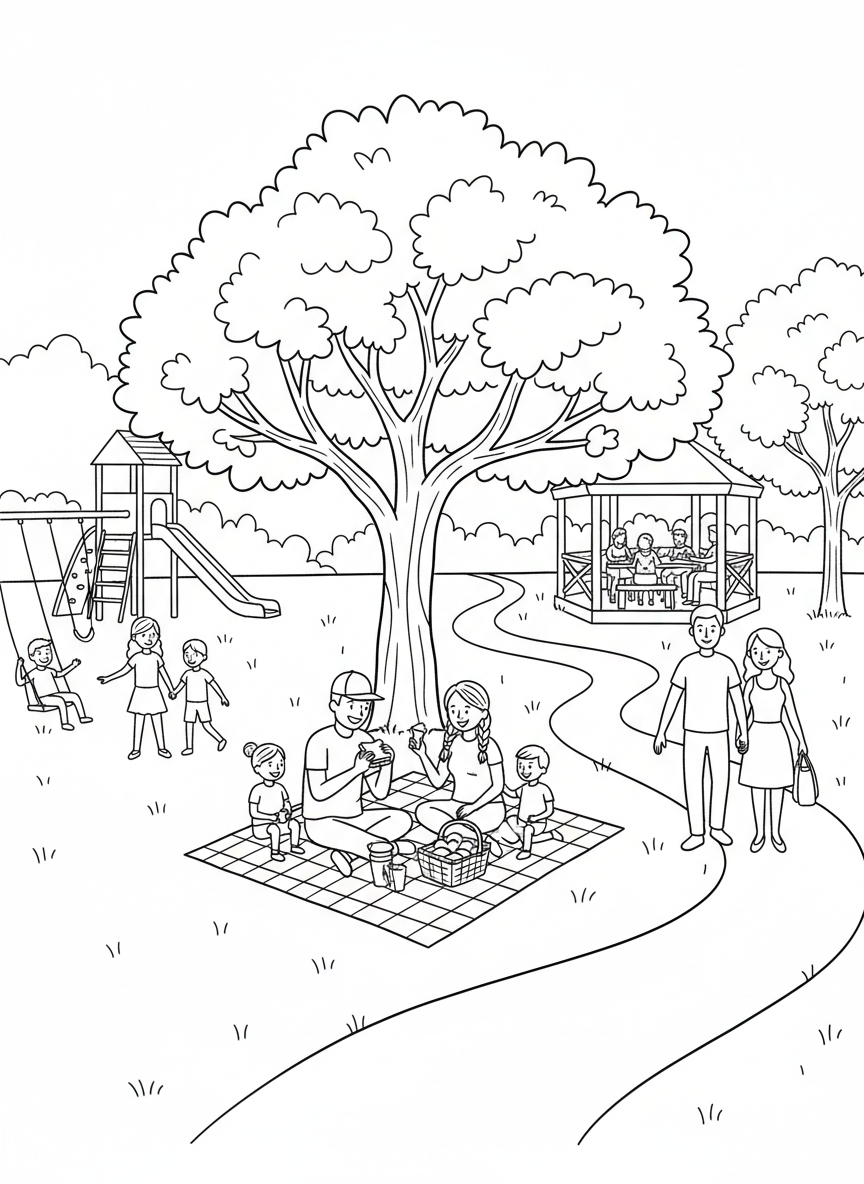 A park scene showing multiple families at different picnic spots with trees, a playground, and a walking path connecting them.