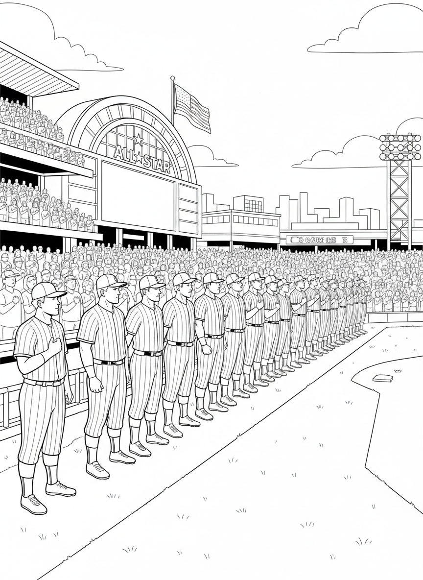 MLB All Star Game coloring page prompts highlighting summer baseball, star players, iconic ballparks, and celebratory league traditions.	Players lining up along the foul line during pregame introductions, caps tipped slightly as national anthems echo across the stadium.