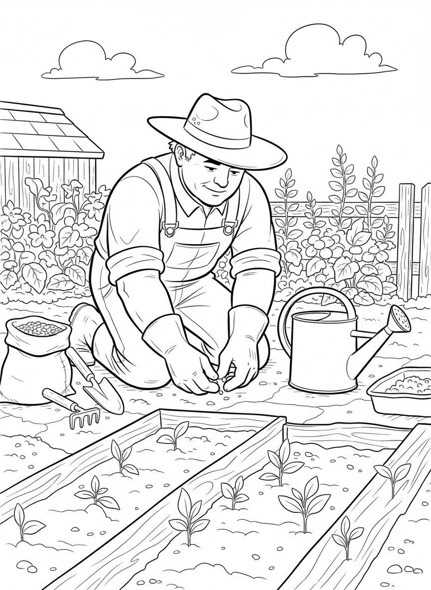 A farmer planting seeds in neat rows in a garden, with a watering can and gardening tools nearby.