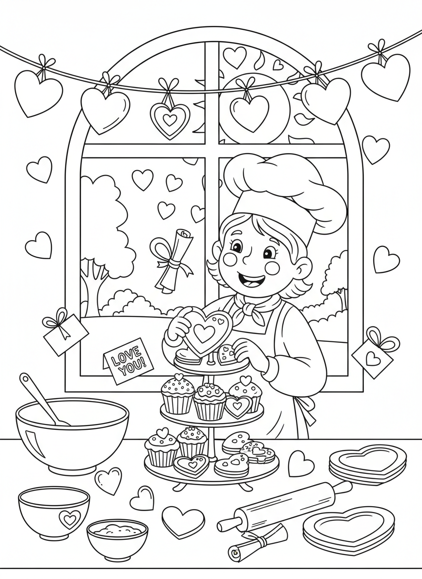 Valentines Day coloring page prompts celebrating love, connection, kindness, and heartfelt moments.	A kitchen scene with someone arranging homemade treats, heart-shaped decorations and notes scattered nearby.