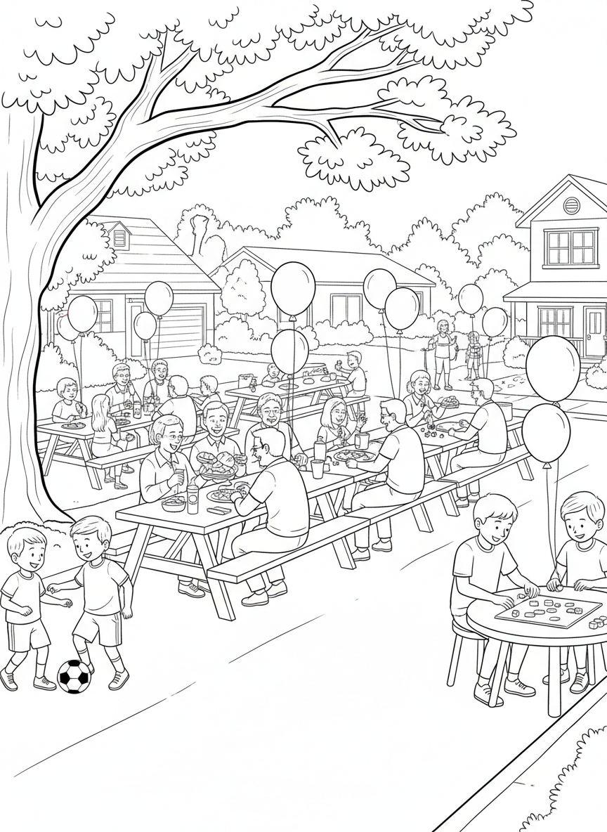 Neighbors having a block party with picnic tables, balloons, and people of all ages talking and playing games together.