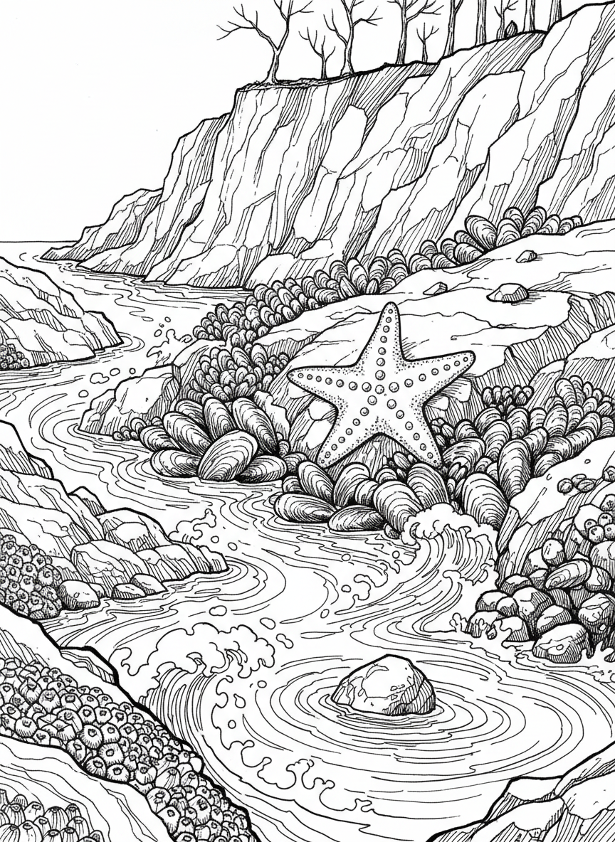 A detailed scene of mussels attached to rocks with a starfish nearby and small waves washing over the tide pool edge.