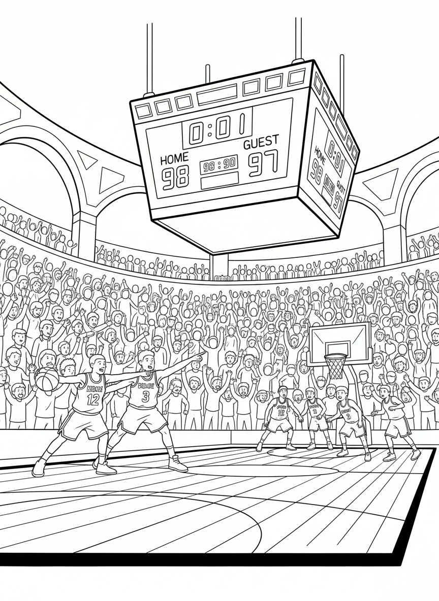 The final seconds ticking away on the scoreboard as the basketball is inbounded, the entire arena standing and pointing while players scramble and history feels one second away.