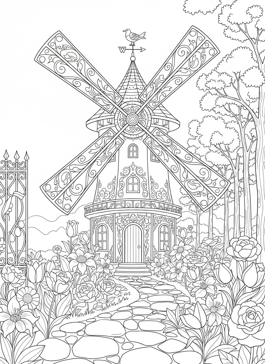 An ornate decorative windmill with detailed patterns on the blades and building, surrounded by a flower garden with a stone path.