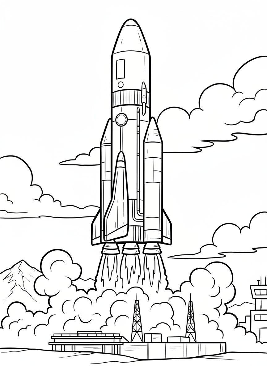 A large rocket ship launching from Earth with flames and clouds beneath it, detailed mechanical features visible on the rocket body