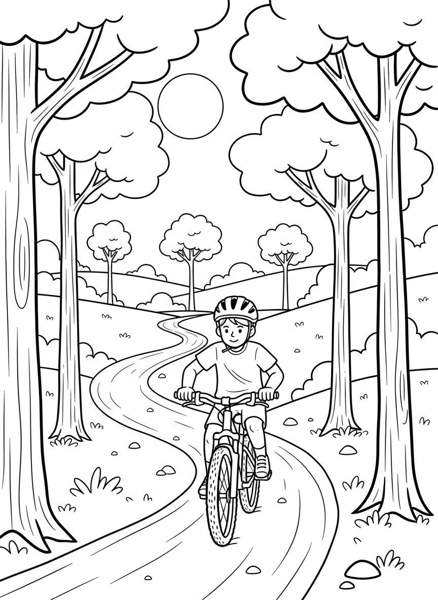 A child riding a bicycle on a trail wearing a helmet, with trees and path in the background, outdoor adventure.