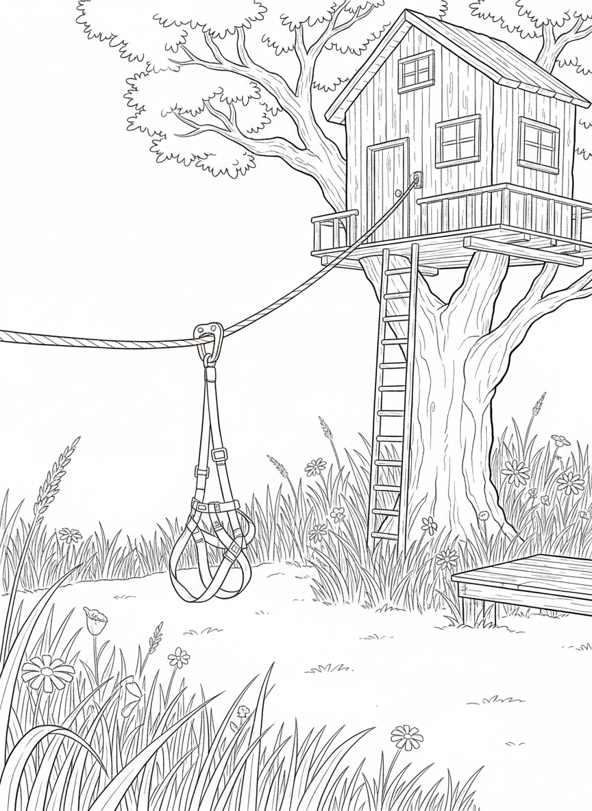 A treehouse with a zip line ending at a ground platform, safety harness visible, surrounded by tall grass and wildflowers