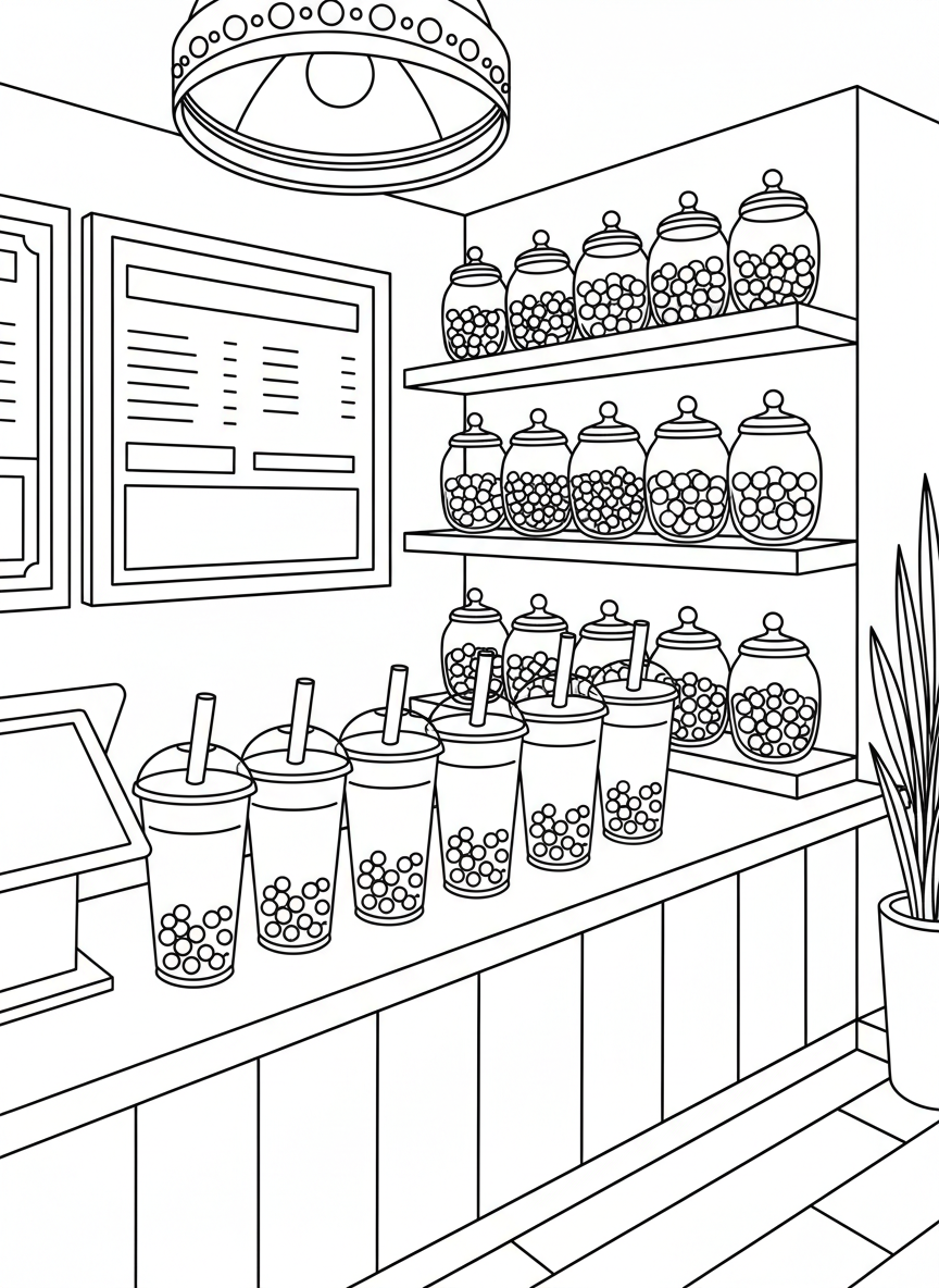 A bubble tea shop counter scene with multiple drink cups, a menu board, and jars of colorful toppings on shelves