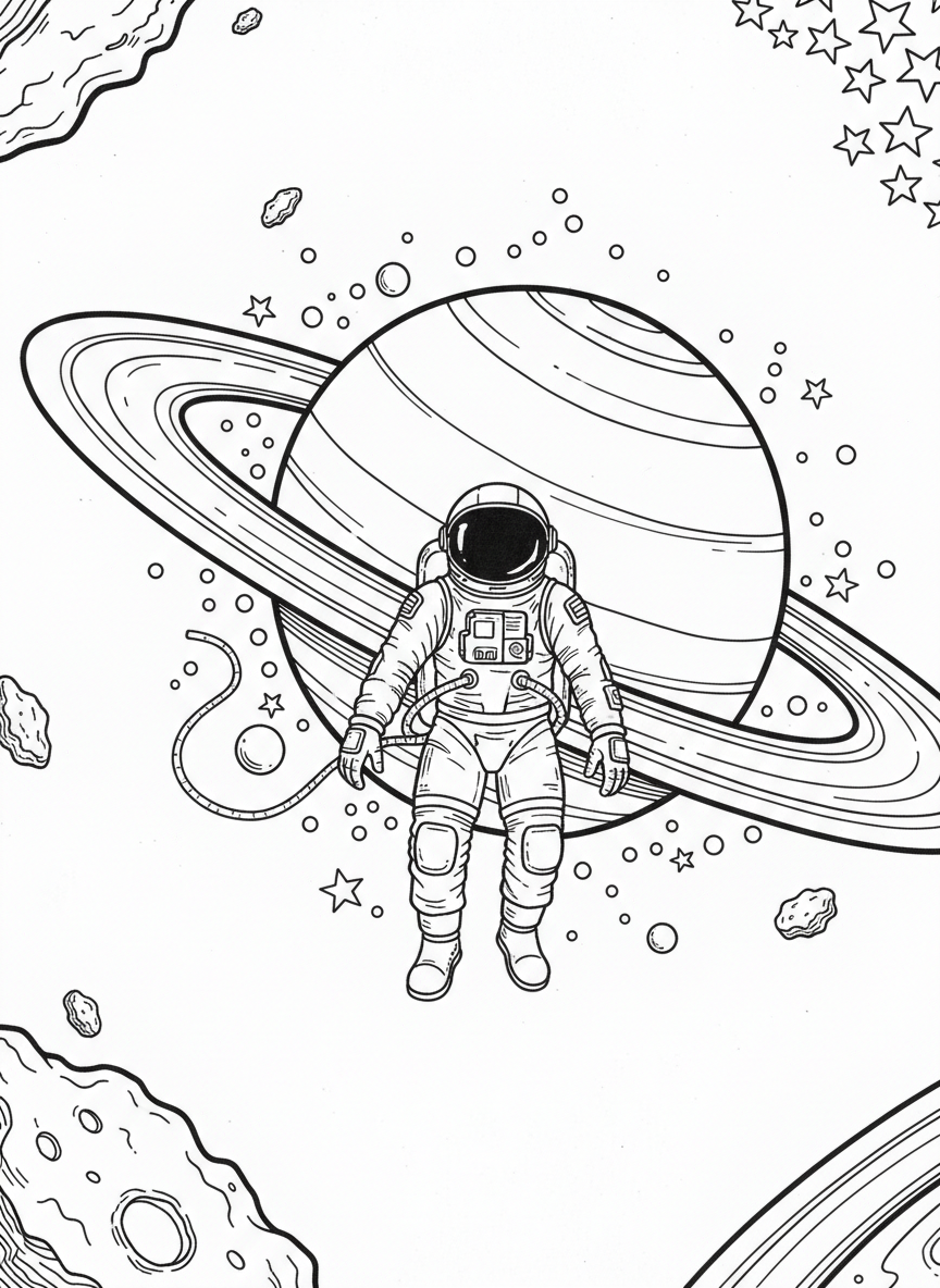 An astronaut floating near Saturn with its beautiful rings, surrounded by stars and small asteroids, whimsical space scene