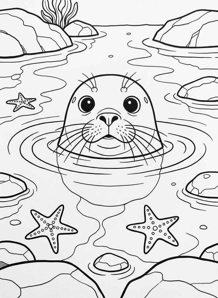 A curious seal poking its head out of calm tide pool water, surrounded by starfish and small rocks.
