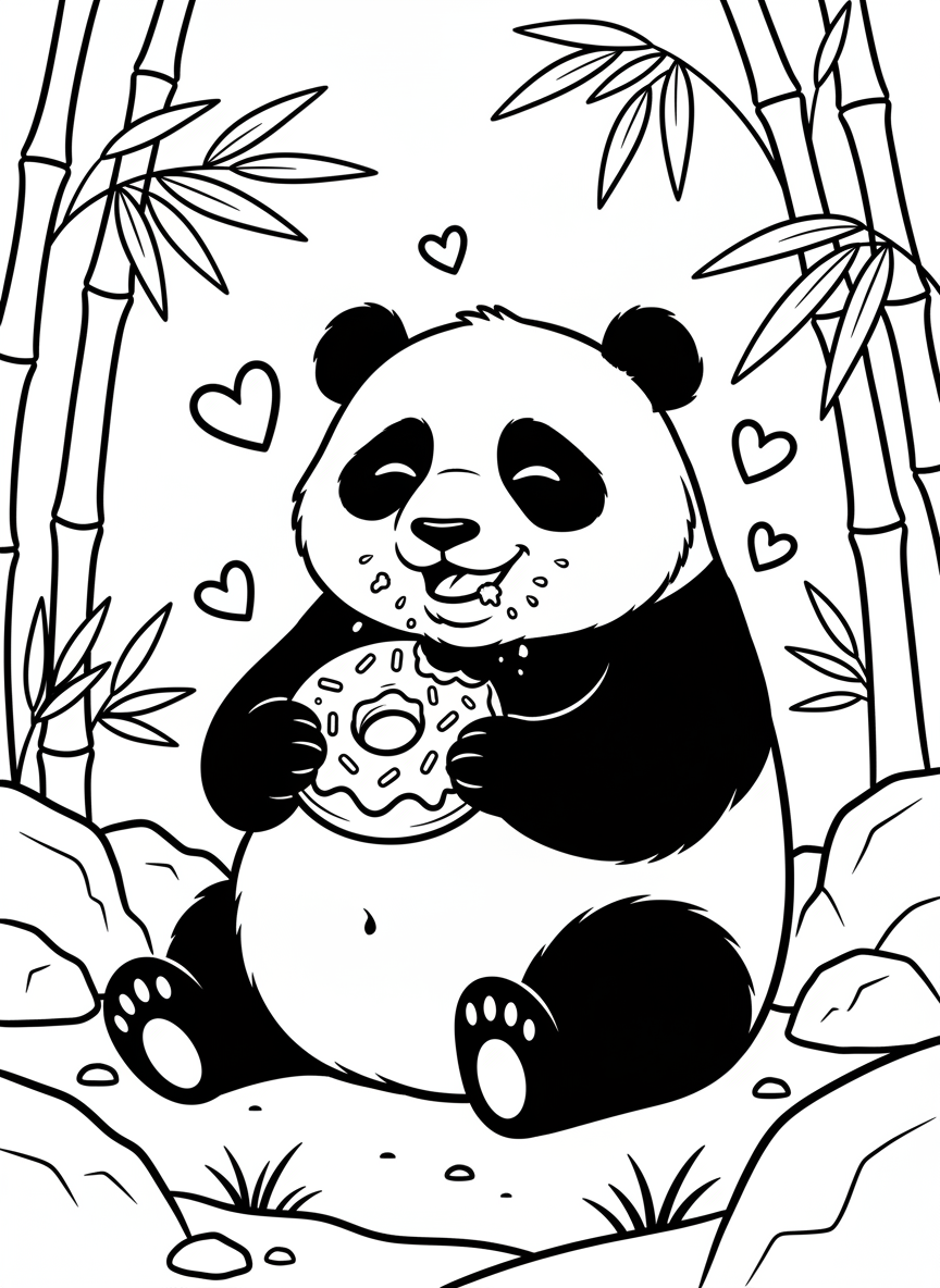 A cute round panda eating a donut, with crumbs on its face and hearts floating around, simple and sweet composition