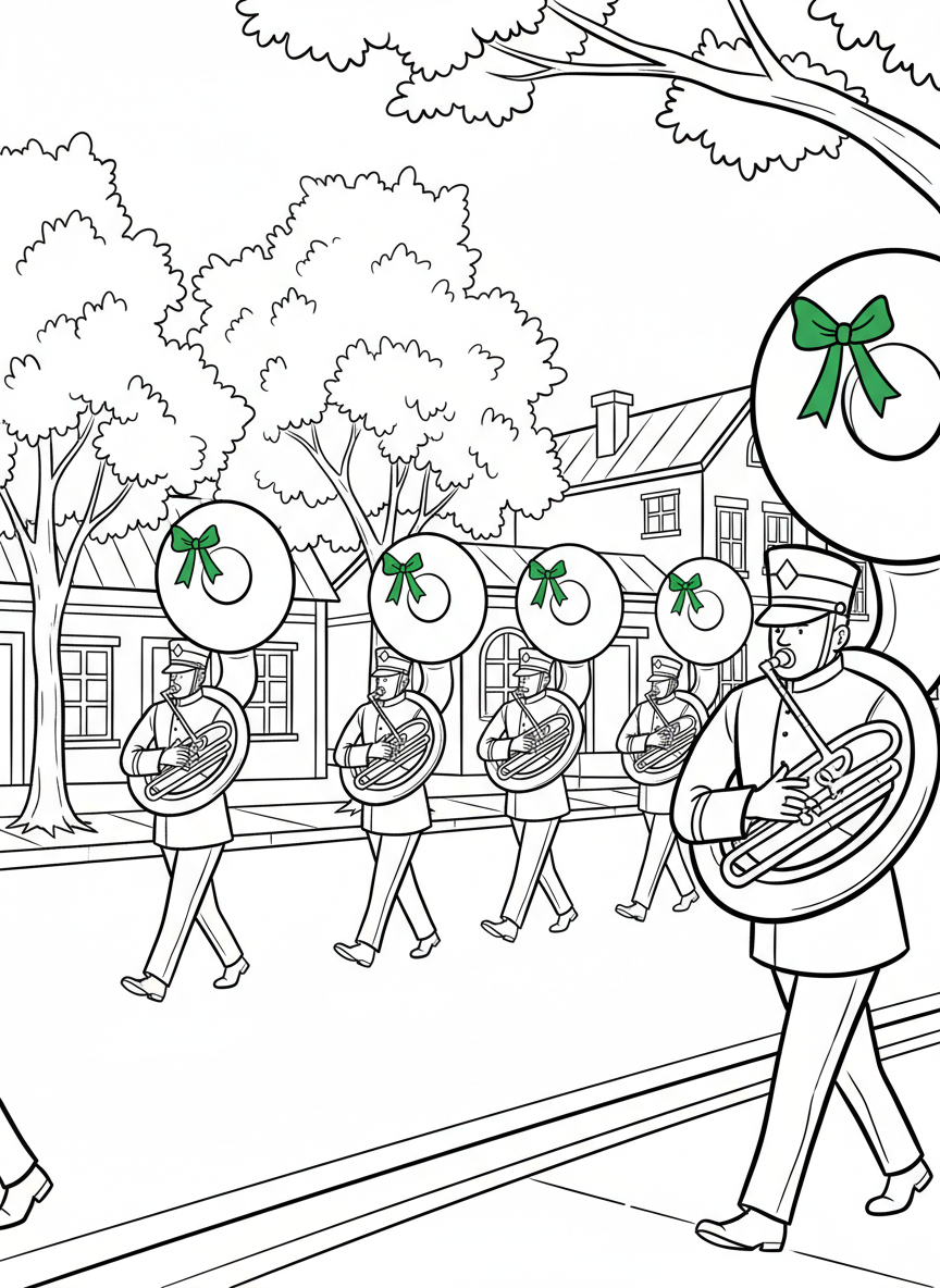 A marching band's tuba section walking in formation, with their large instruments decorated with green ribbons.