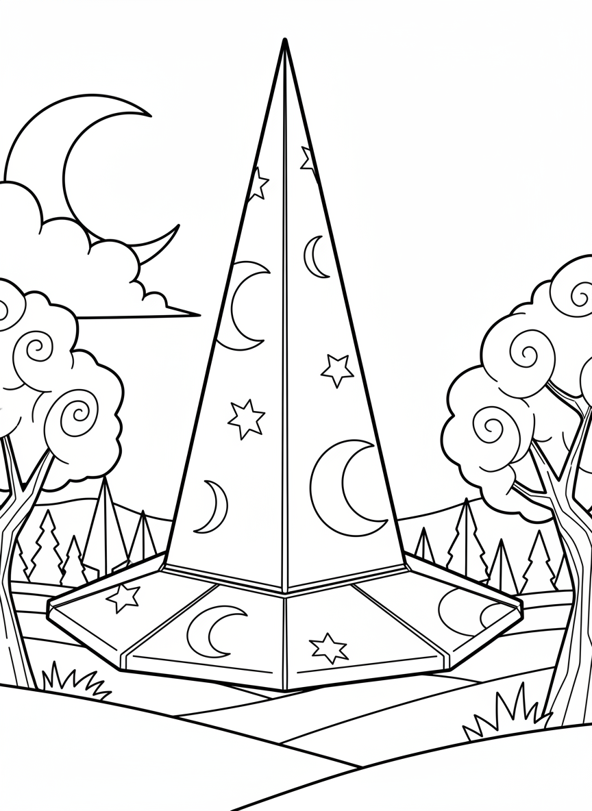 An origami wizard hat covered in stars and moons, tall and pointed with a wide circular base, perfect for magical coloring.