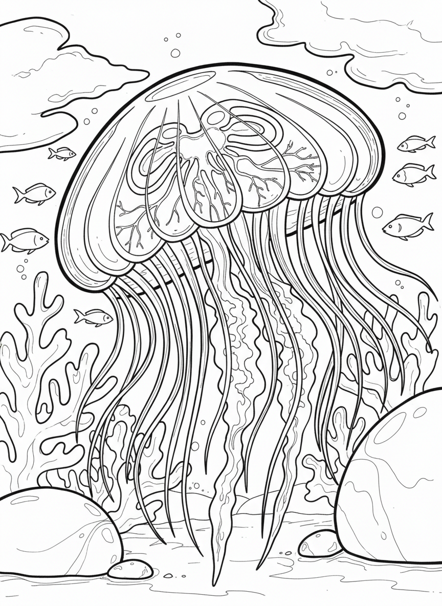 A crystal jelly with a transparent umbrella-shaped bell and clearly visible internal structures that glow, trailing delicate tentacles beneath.