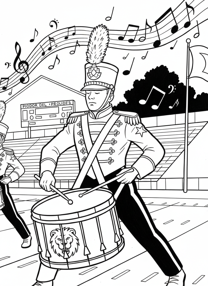 A marching band drummer in uniform playing a big bass drum during halftime show, with musical notes floating around, clean outlines