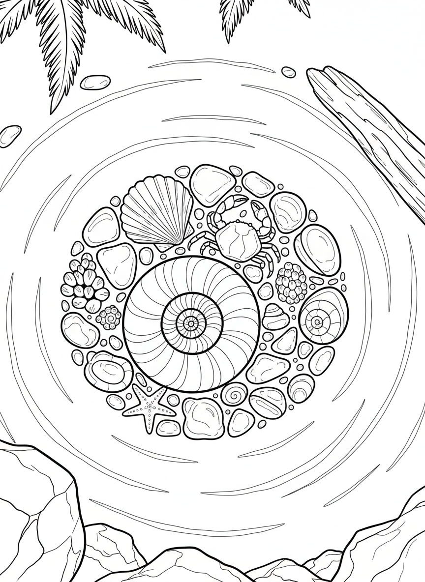A collection of different shells, sea glass, and small creatures arranged around the edge of a circular tide pool, bird's eye view