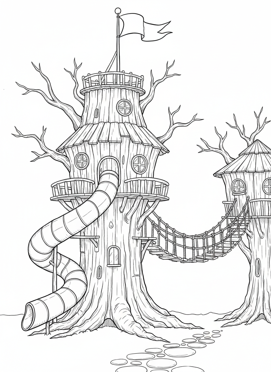 A whimsical multi-level treehouse with a slide coming down one side, a rope bridge connecting to another tree, and a flag on top.