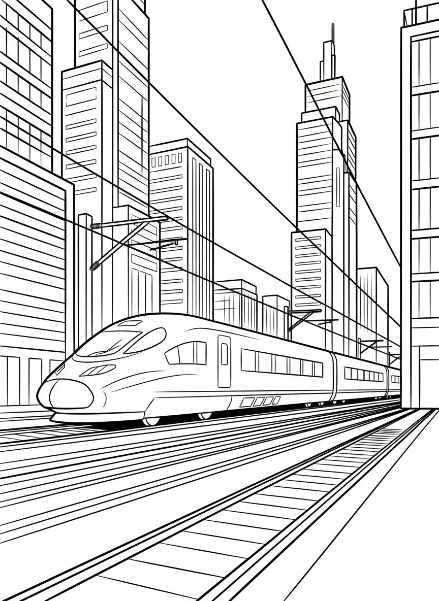 A modern high-speed train racing through a city with tall buildings, overhead power lines, and motion blur along the tracks.
