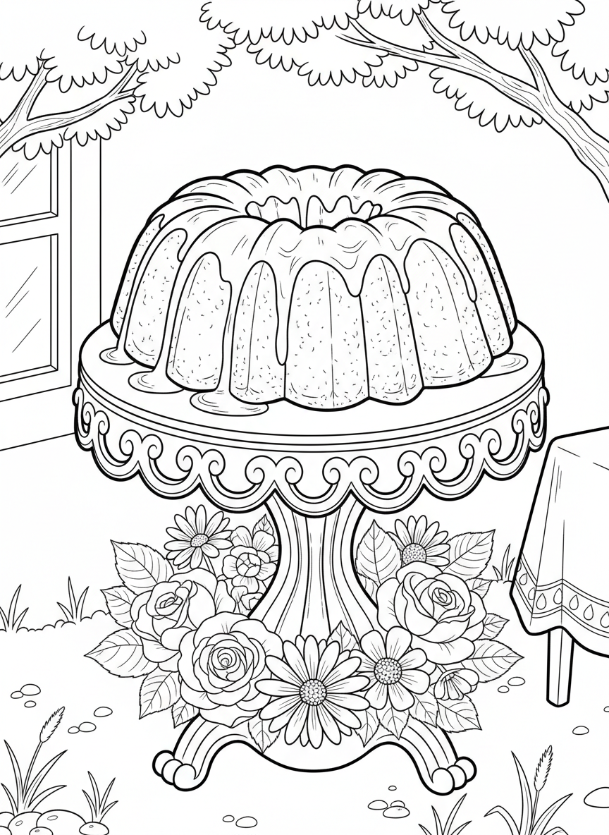 A bundt cake on a decorative cake stand with glaze dripping down the sides and flowers arranged around the base.