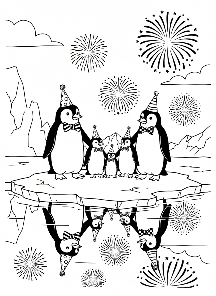 A family of penguins in bow ties and party hats standing on ice, with fireworks reflected in the water