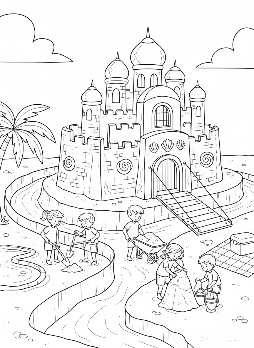 Children digging a deep moat around an elaborate castle with multiple turrets, drawbridge, and decorative shell windows.