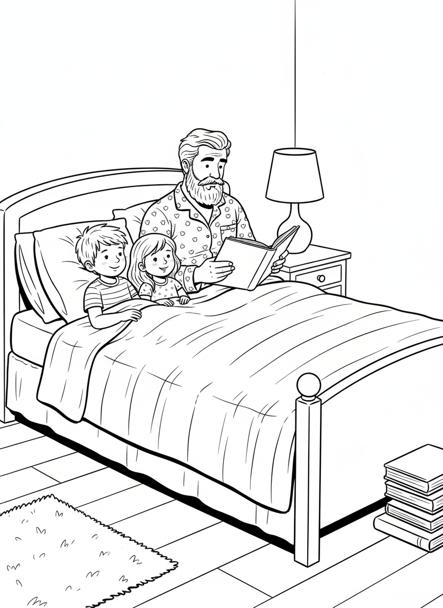 A father reading a bedtime story to two children tucked in bed, with a lamp on the nightstand.