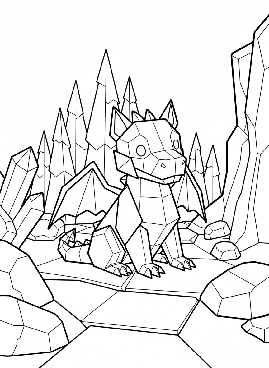 An origami dragon sitting like a puppy with geometric wings folded at sides, featuring friendly angular face and simple body shapes.
