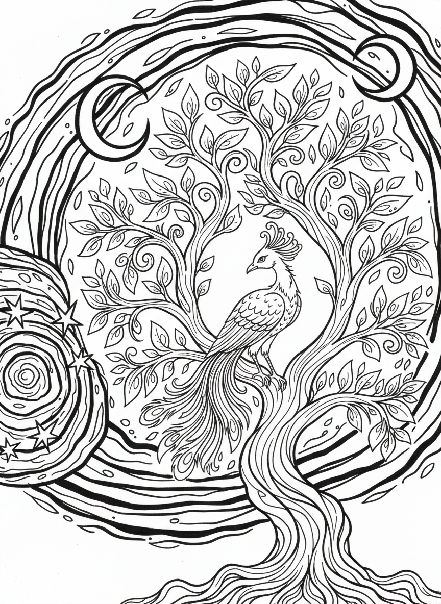 A phoenix perched in a magical tree with glowing leaves, surrounded by swirling stars and moon.