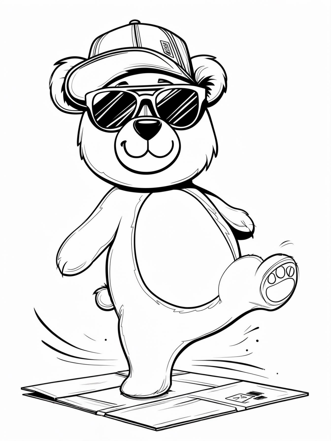 Breakdancing Bear: A cool bear wearing a backwards cap and sunglasses, spinning on its back on a cardboard mat.