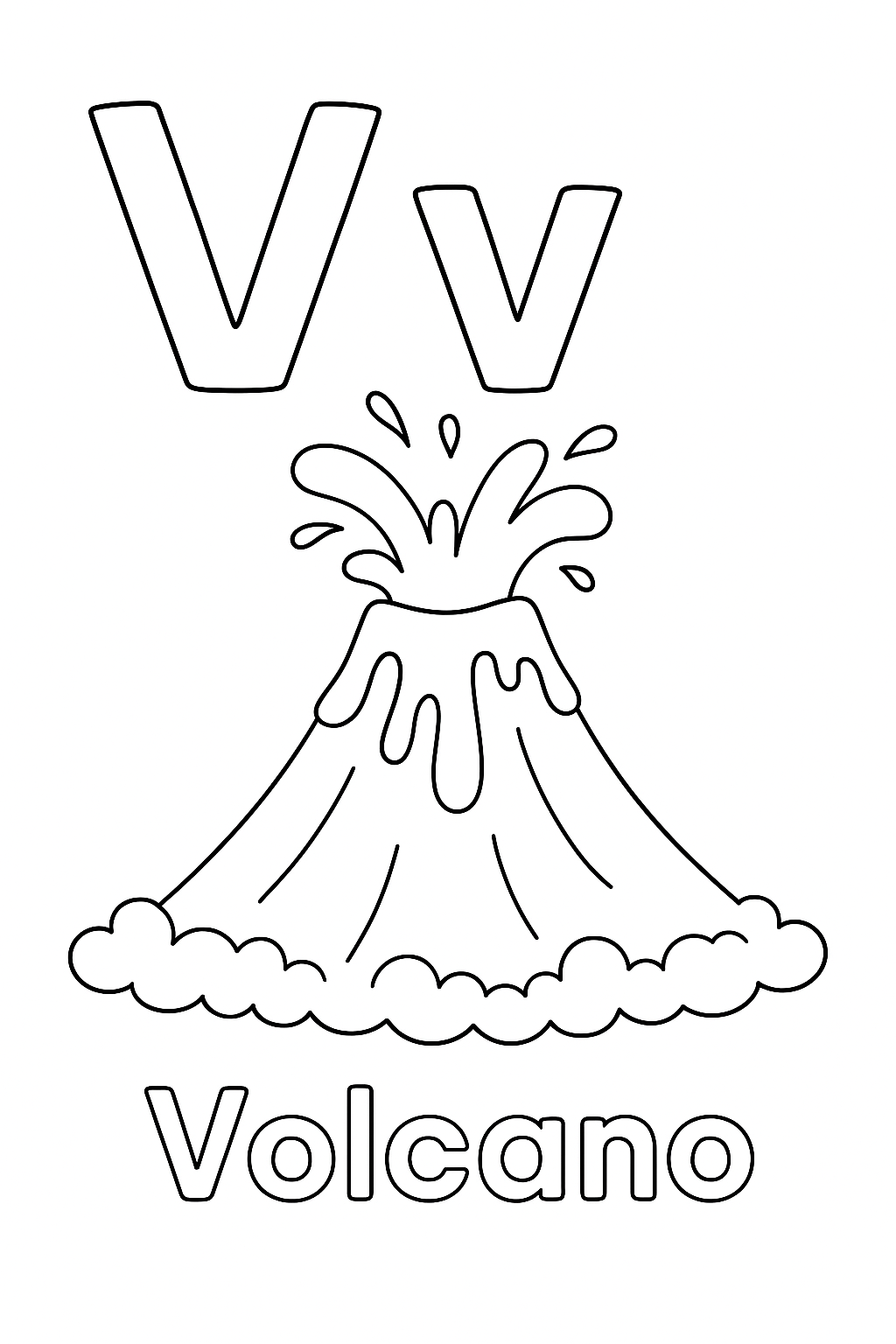 The uppercase letter “V” next to the lowercase letter “v”. With a volcano image under the letters. Write out the object “Volcano”.