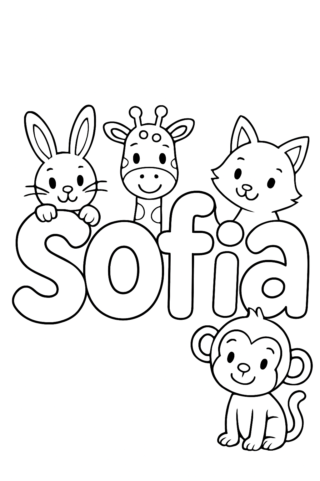 The name “Sofia” in bubble letters with cartoon animals peeking out of each letter. make the name all on one line, capitalize only the first letter