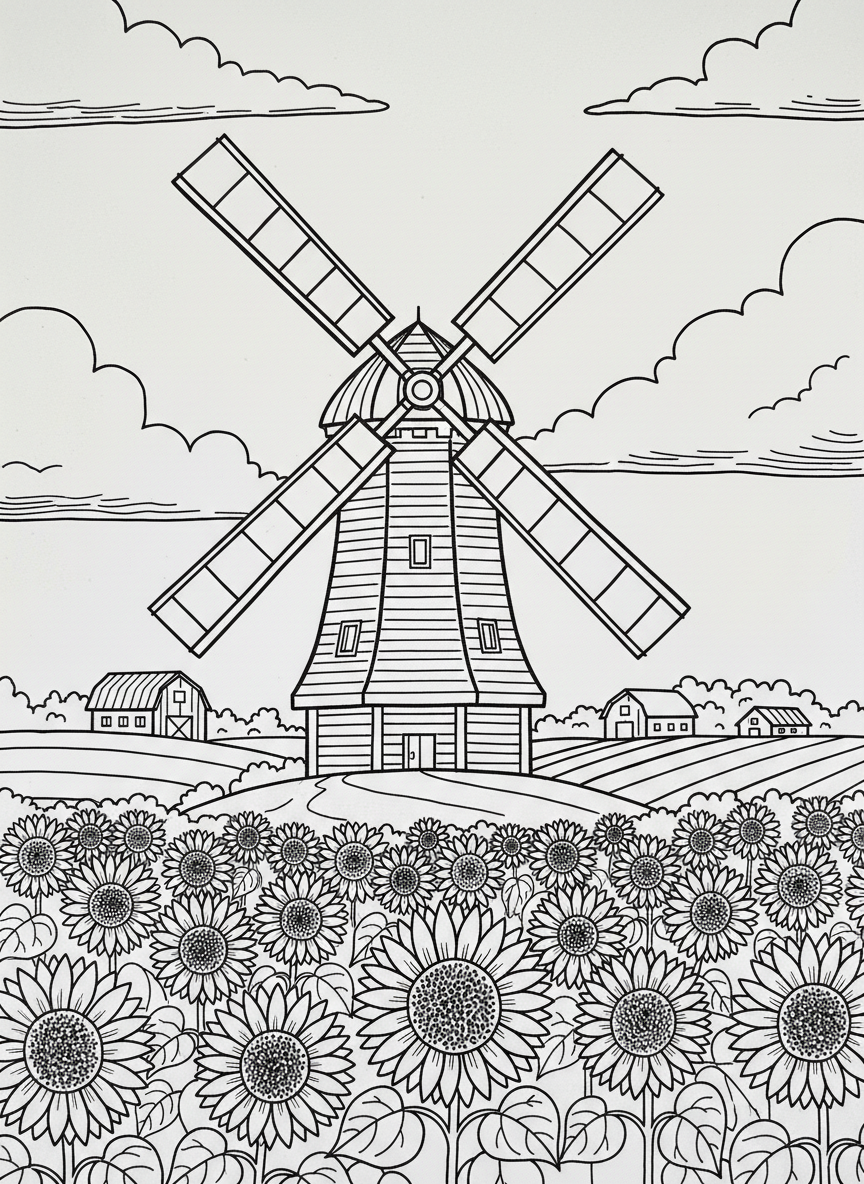 A windmill standing tall in a field with sunflowers growing around its base and clouds in the sky, peaceful farm landscape.