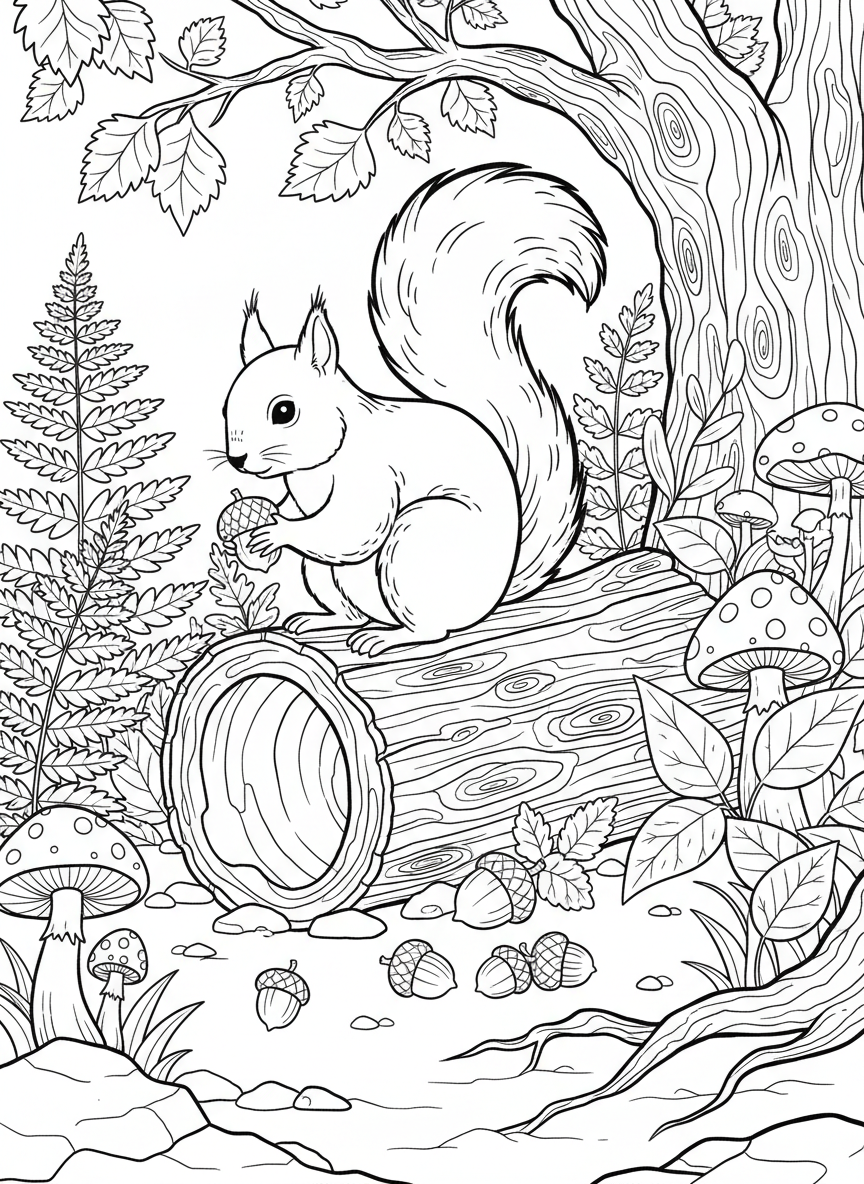 A squirrel gathering acorns near a hollow log, with ferns, mushrooms, and forest plants creating a detailed scene