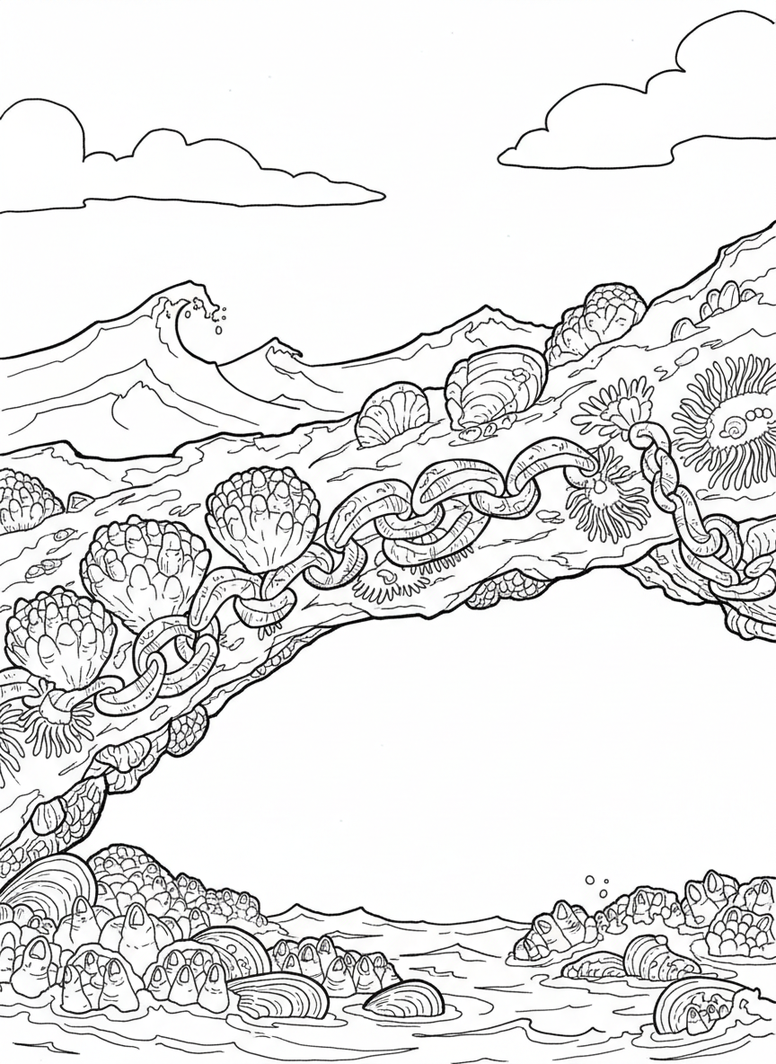 A long narrow rock decorated with a chain of connected tide pool animals: barnacles, mussels, and sea anemones in a repeating pattern