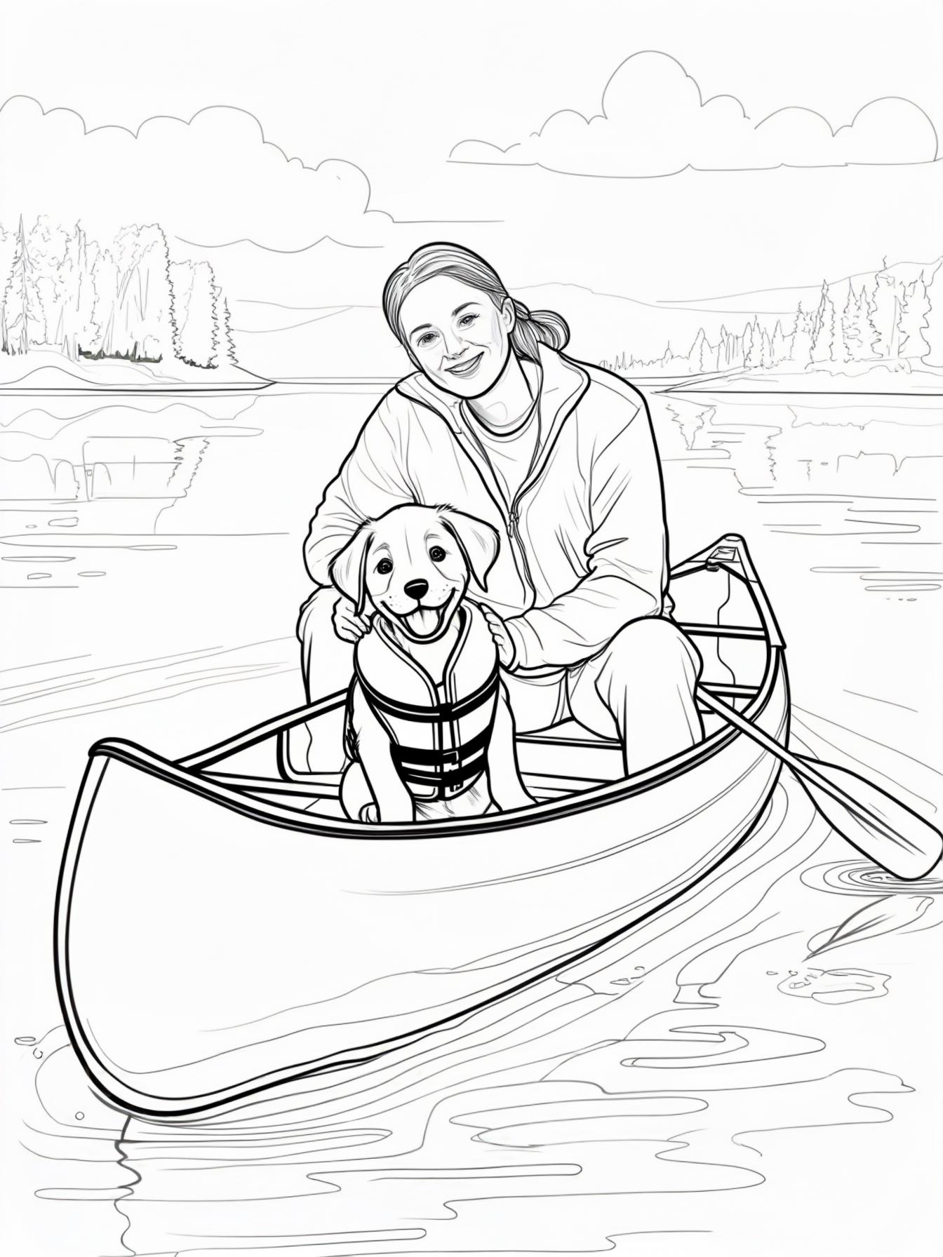 Canoe Ride: A canoe floating on a calm lake with a happy smiling puppy sitting at the front wearing a life vest with his owner petting him with a smile