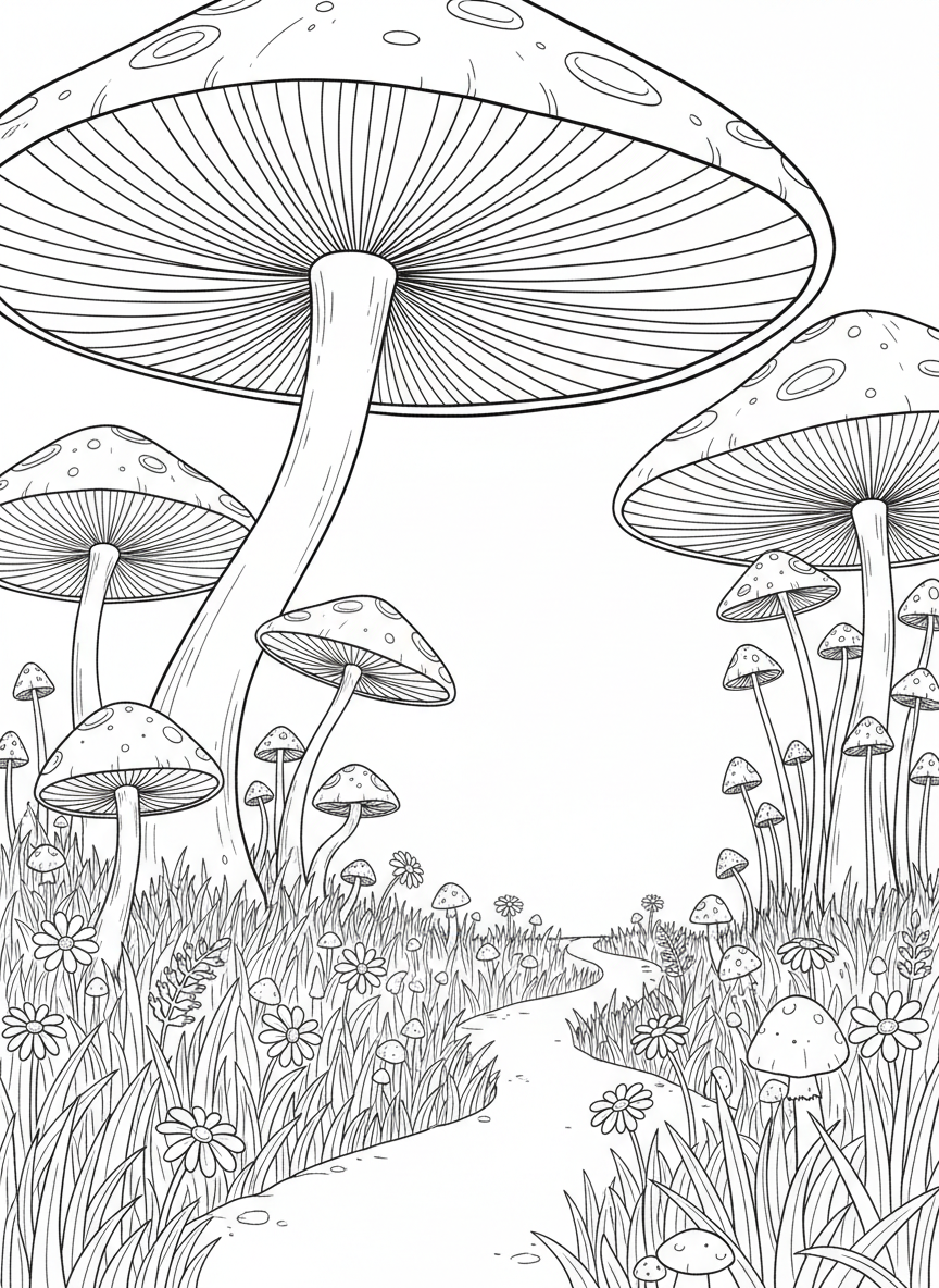 A fantasy scene with oversized mushrooms creating a canopy, with small flowers and grass below, wide landscape view.