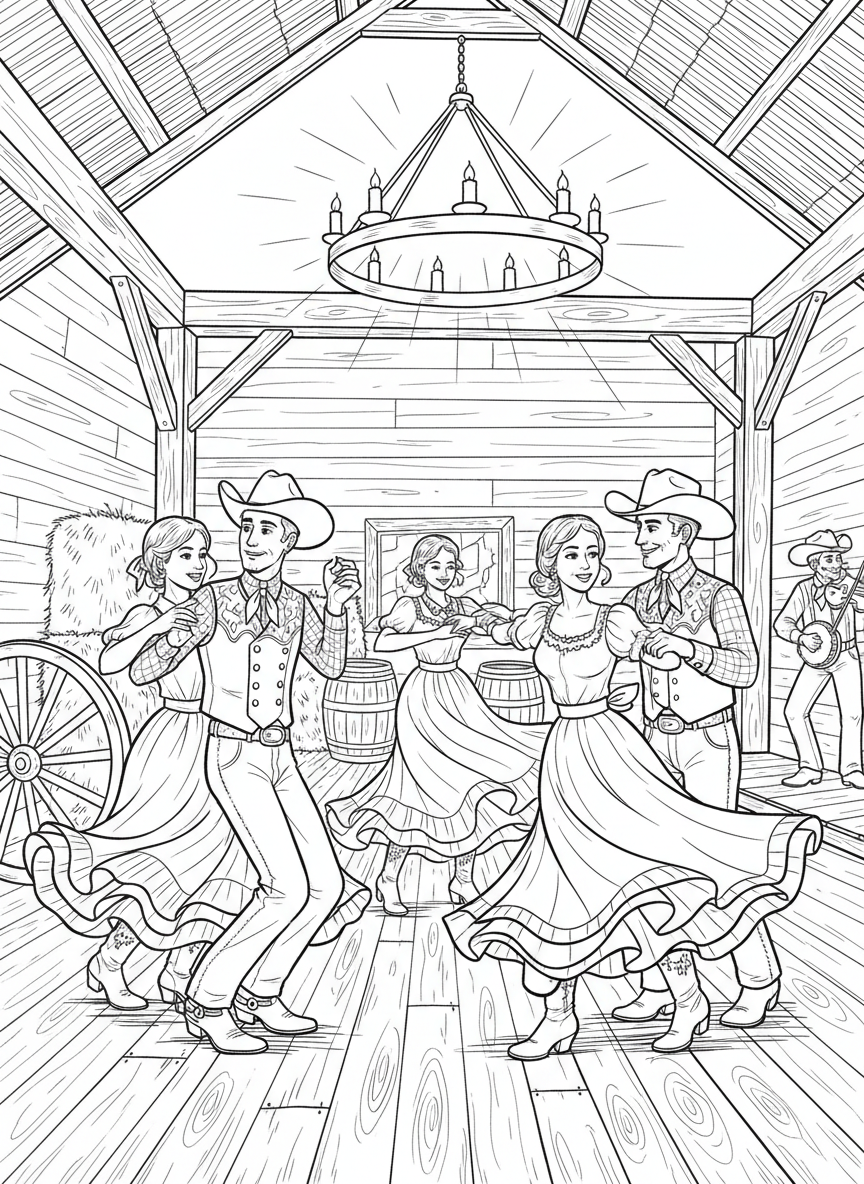 A square dance scene with couples in western attire do-si-do-ing around each other in a barn setting.