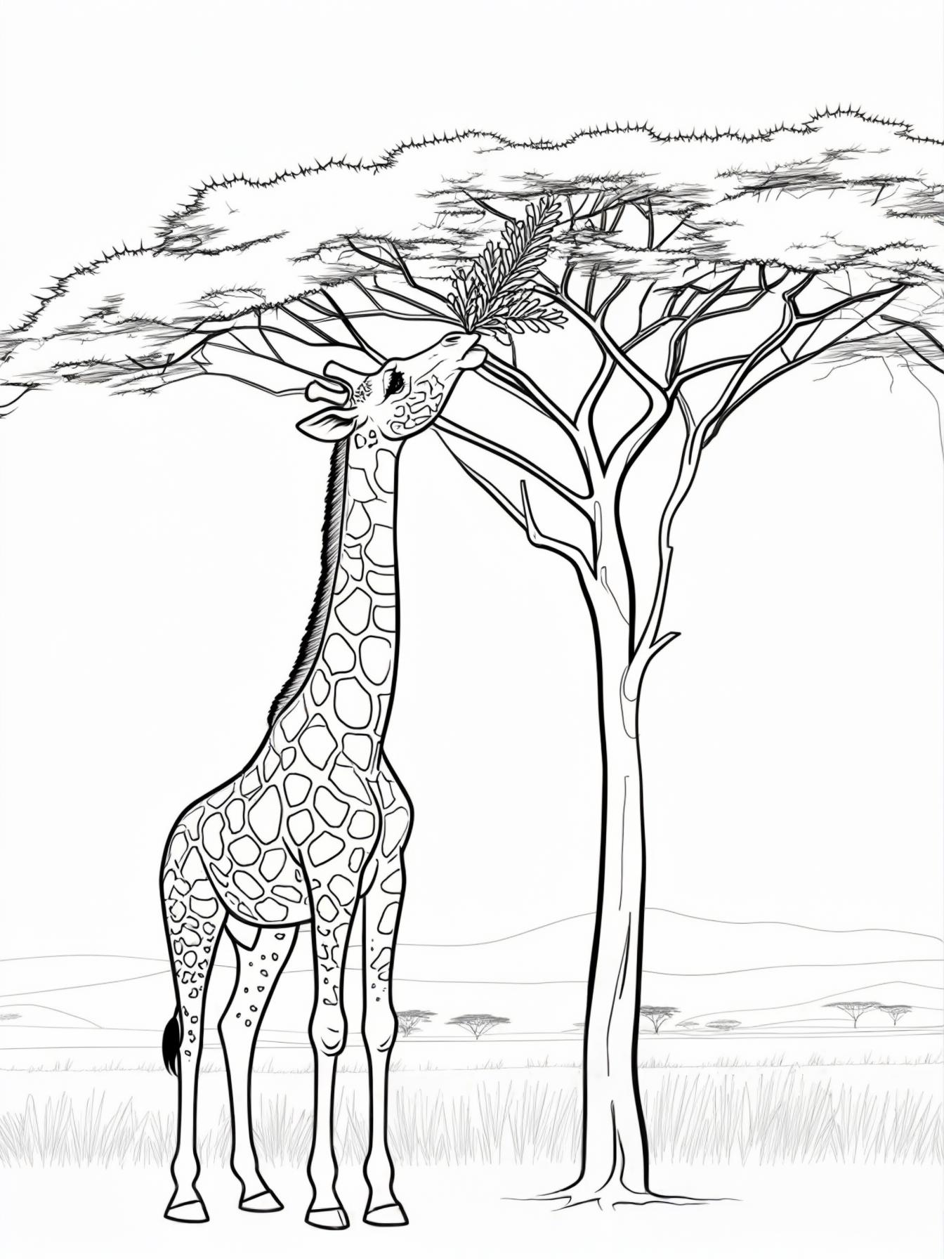 Create a tall giraffe reaching for leaves on an acacia tree. Add savanna grass and distant hills. Keep composition open and easy to color.