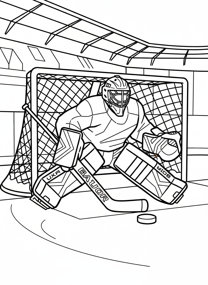 A hockey goalie in protective gear crouching in front of a net, ready to block the puck, clear outlines