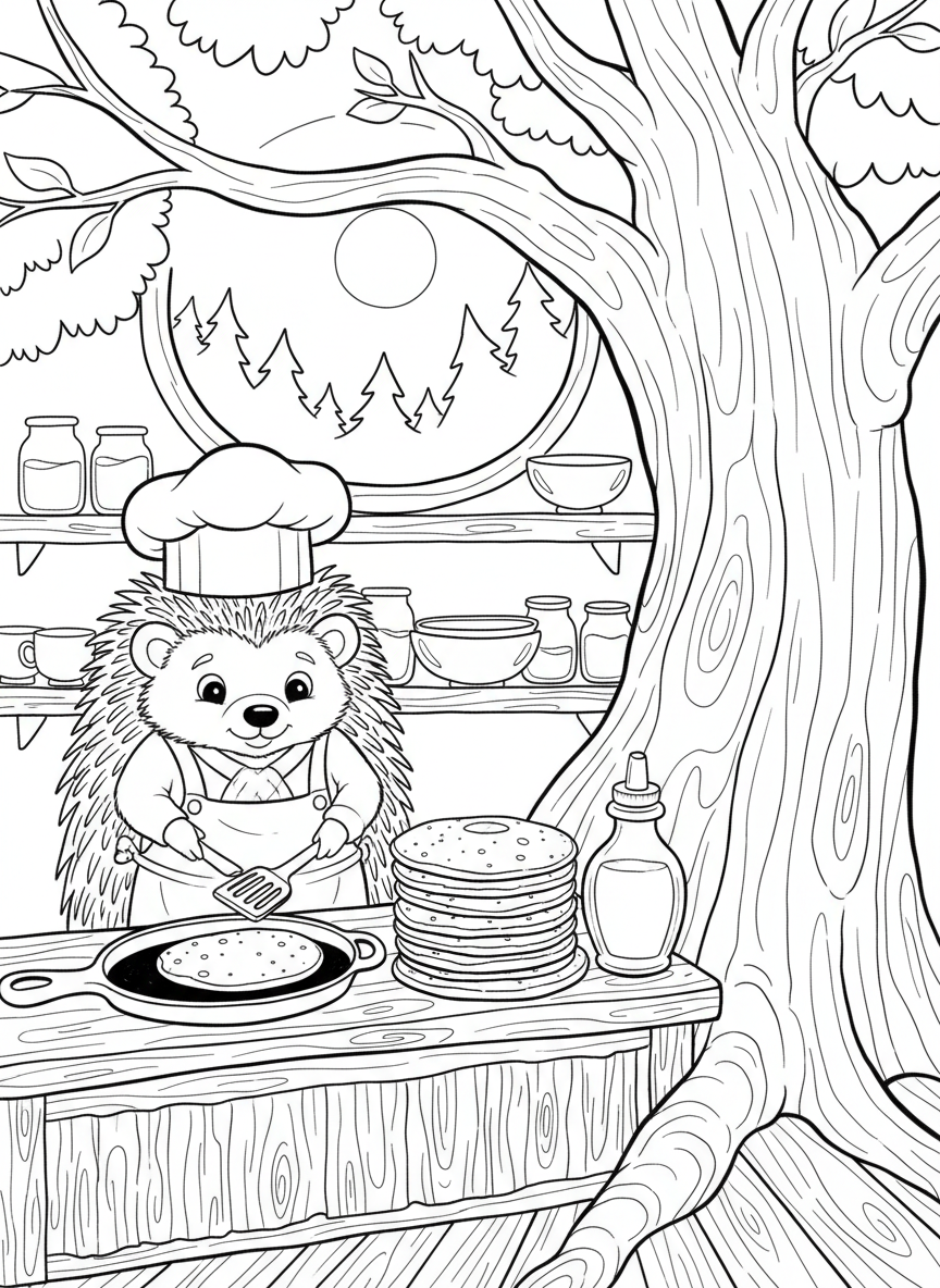 A hedgehog flipping pancakes on a griddle in a treehouse kitchen, with a stack of pancakes and syrup bottle on the counter.
