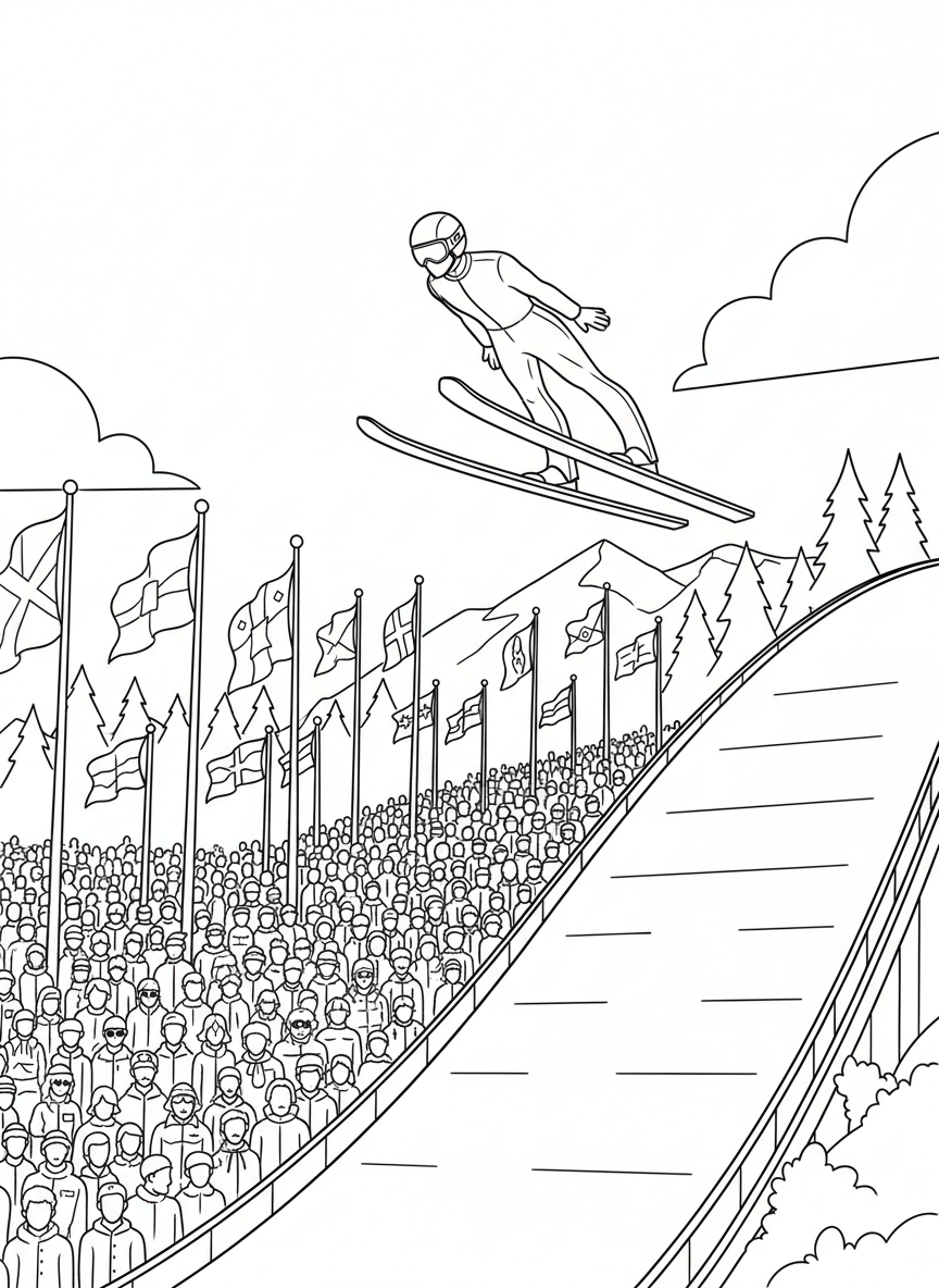 A ski jumper soaring through the air off a large jump ramp, skis parallel, with a crowd of spectators and flags below.