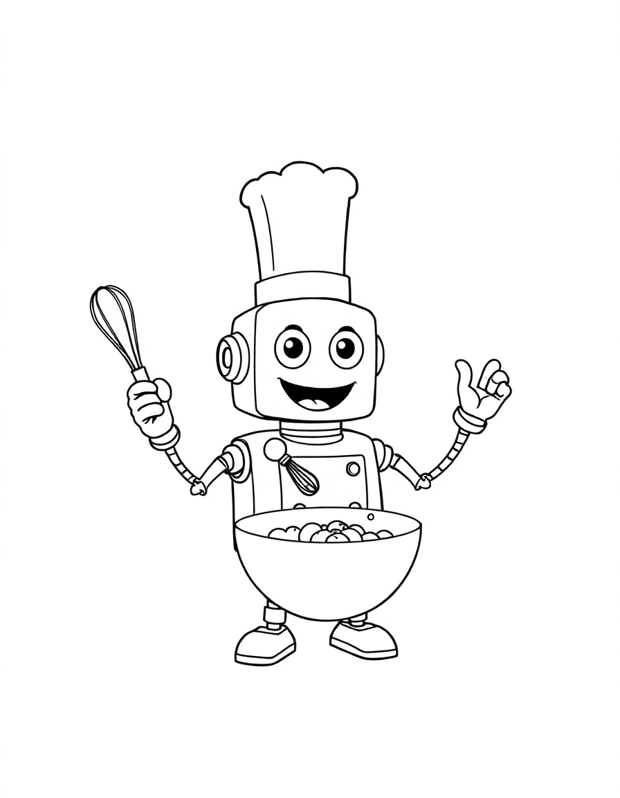 A cheerful happy chef robot wearing a tall white hat, enthusiastically mixing ingredients in a bowl with a whisk. The robot has four flexible arms, creating a busy and fun scene. A simple black and white cartoon drawing with bold, clear outlines.