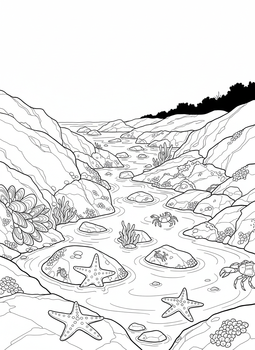 Wide scene of a rocky tide pool at low tide showing various small crustaceans, sea stars, and mussels exposed.